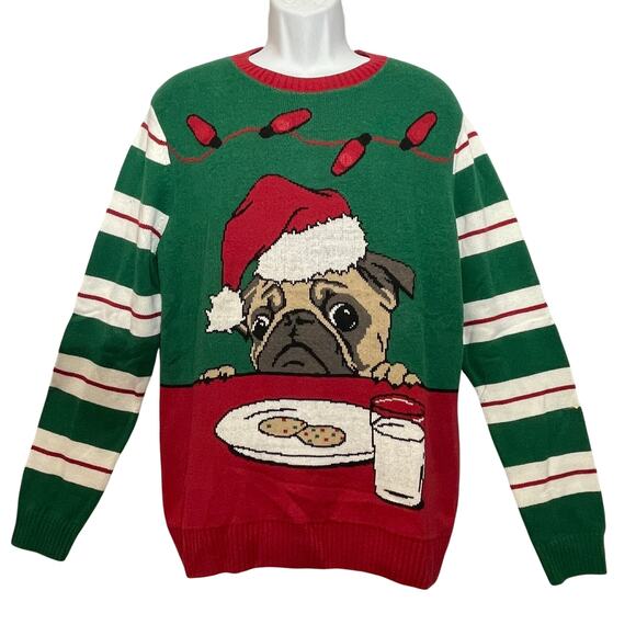Ugly Christmas Sweater Sad Pug Cookies For Santa Lite Up Holiday Sweater Size L - Picture 1 of 4